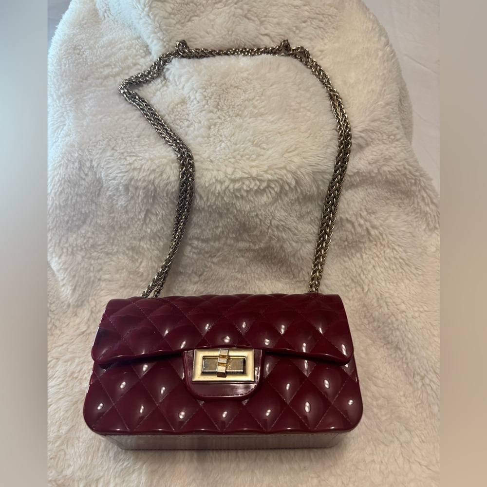 Quilted Patent Crossbody Bag in Deep Burgundy - Unbranded